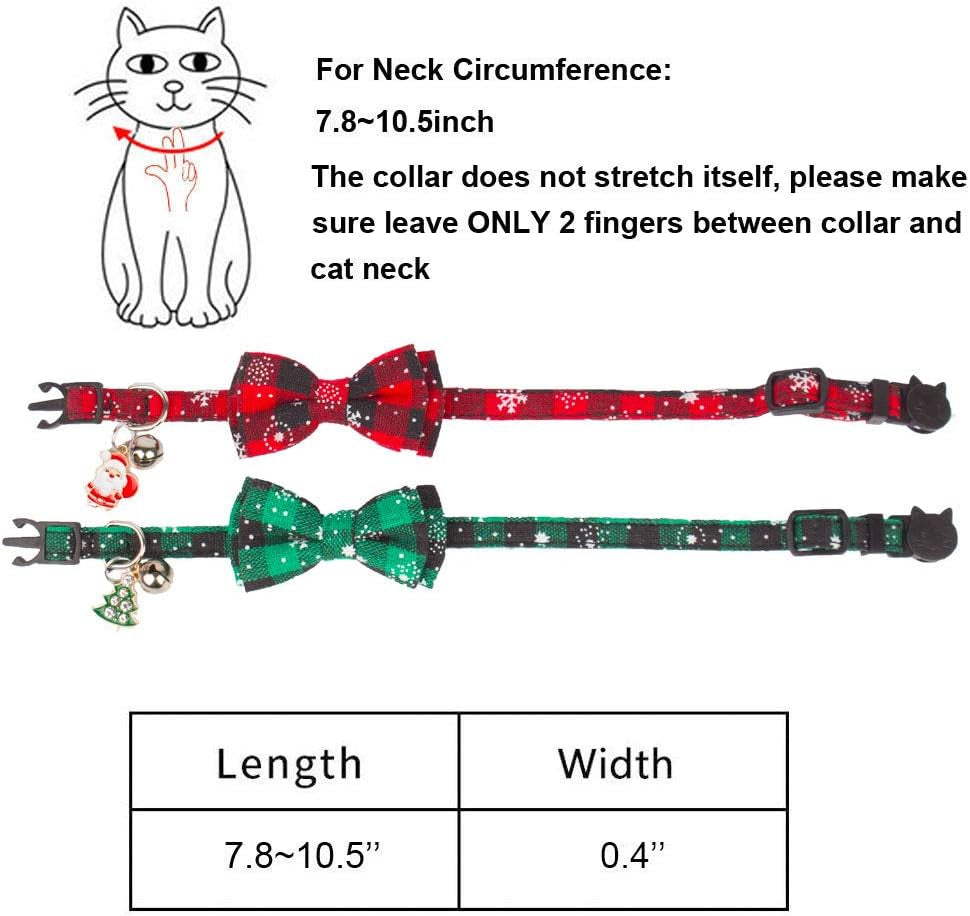 Christmas Cat Collar Breakaway with Cute Bow Tie Bell - 2 Pack Kitten Collar Red Green Plaid Xmas Kitten Collar with Removable Bowtie Cat Bow Collar for Cats Kittens (7.5"- 10.5", Red&Green)