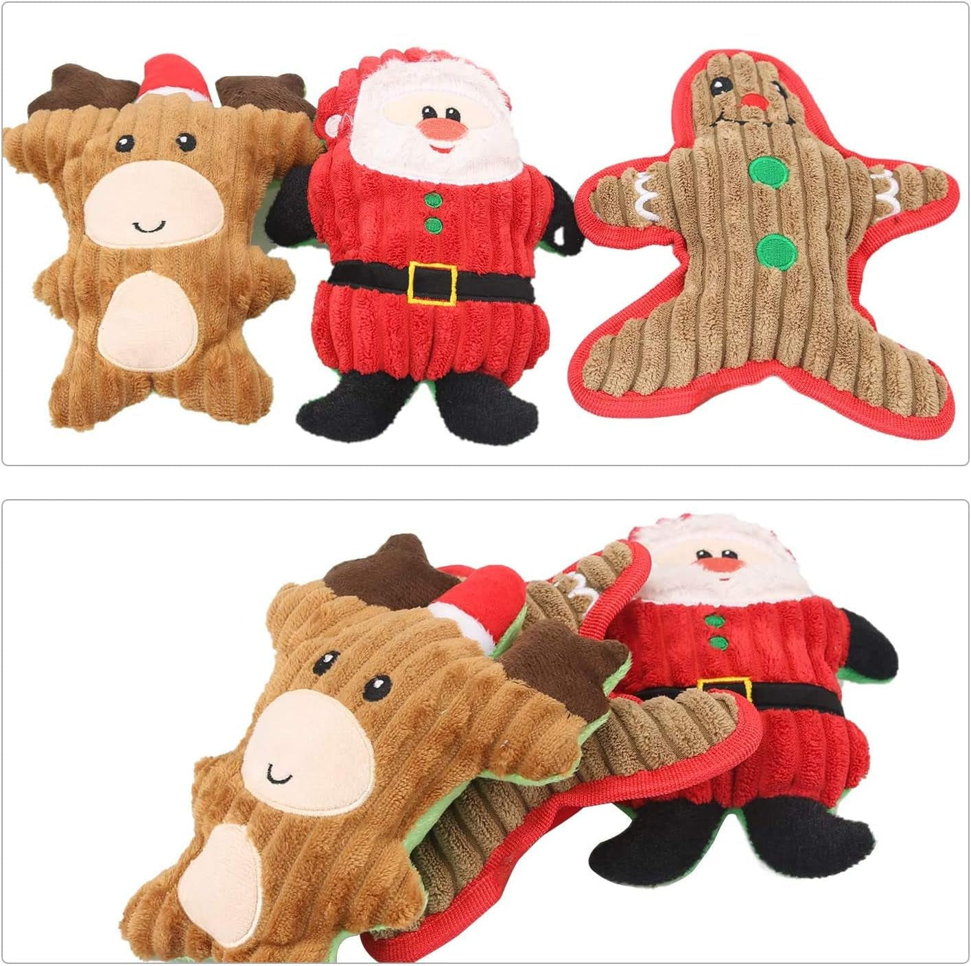 Christmas Plush Interactive Dog Squeaky Toys Xmas Gift for Small Medium Large Pet Included Ginger Man Reindeer Santa Claus, 3 Pcs Set