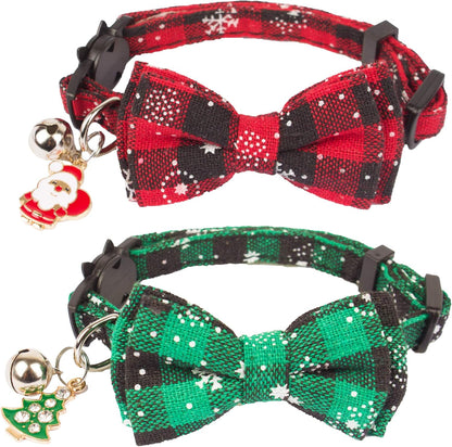 Christmas Cat Collar Breakaway with Cute Bow Tie Bell - 2 Pack Kitten Collar Red Green Plaid Xmas Kitten Collar with Removable Bowtie Cat Bow Collar for Cats Kittens (7.5"- 10.5", Red&Green)