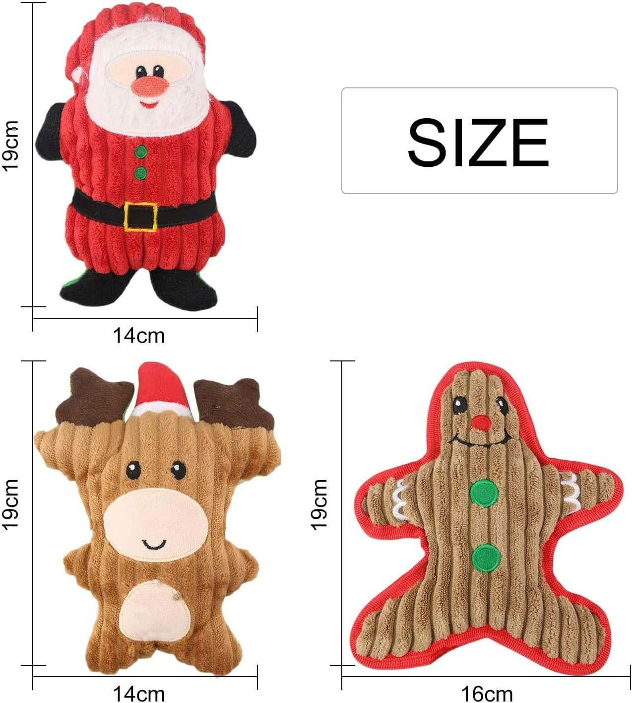 Christmas Plush Interactive Dog Squeaky Toys Xmas Gift for Small Medium Large Pet Included Ginger Man Reindeer Santa Claus, 3 Pcs Set