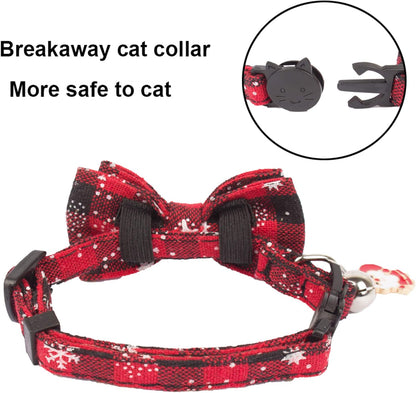 Christmas Cat Collar Breakaway with Cute Bow Tie Bell - 2 Pack Kitten Collar Red Green Plaid Xmas Kitten Collar with Removable Bowtie Cat Bow Collar for Cats Kittens (7.5"- 10.5", Red&Green)