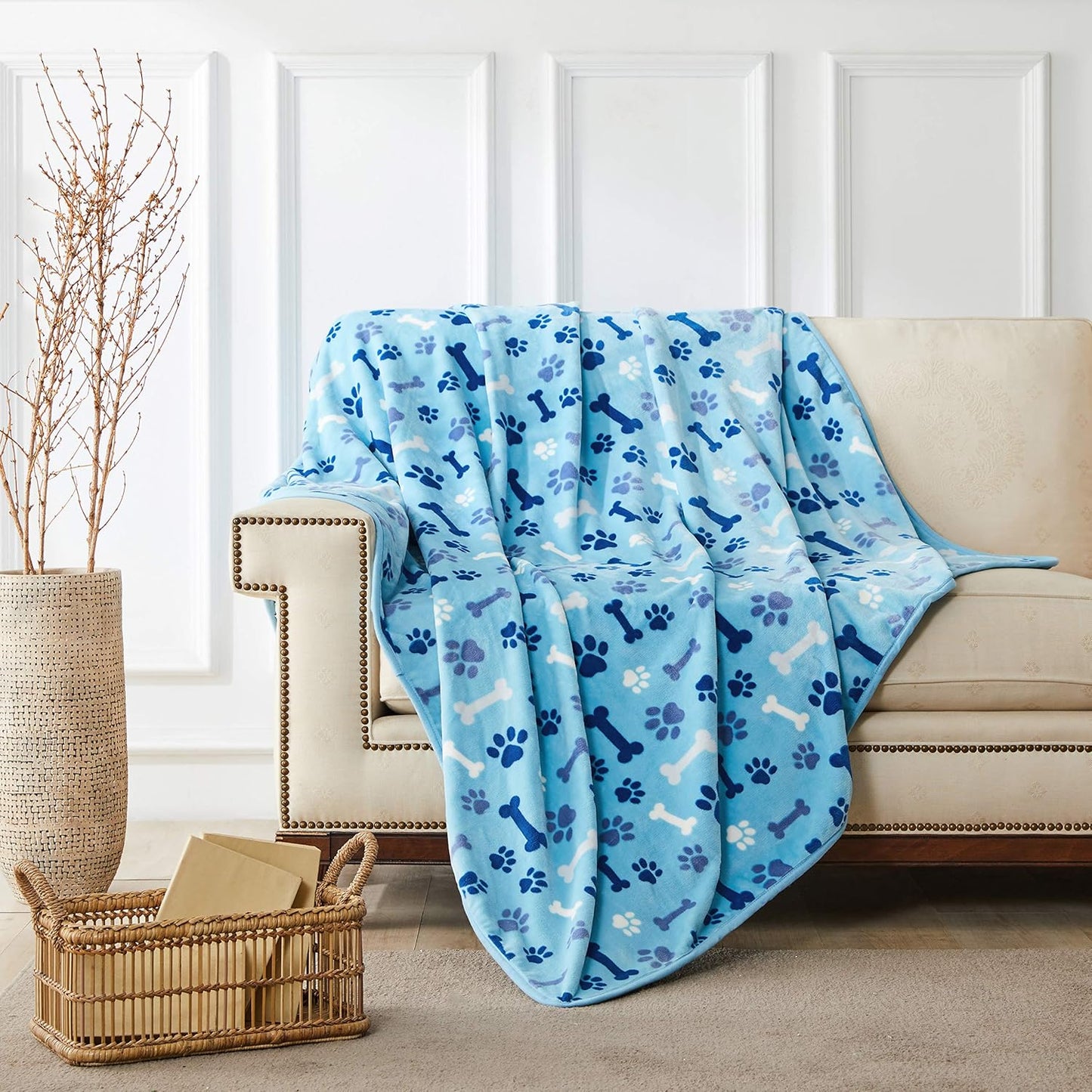 Luxurious Dog Blanket, 350 GSM Super Fuzzy Microplush Fleece Pet Blankets for Small Medium Large Dogs and Cats, Blue Paw and Bone, 40" X 32"