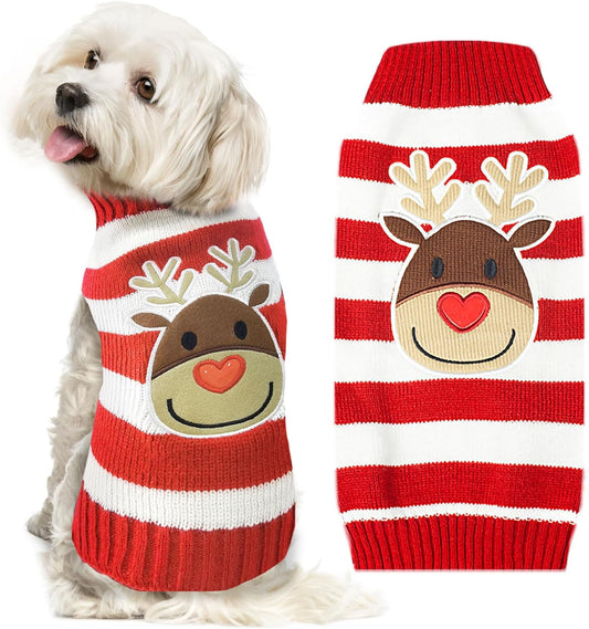 Dog Christmas Sweater Cute Striped Reindeer Xmas Pet Clothes Holiday Puppy Cat Costume New Year Gifts for Small Medium Large Dogs Jumpers (XS, Red White Stripe Reindeer)