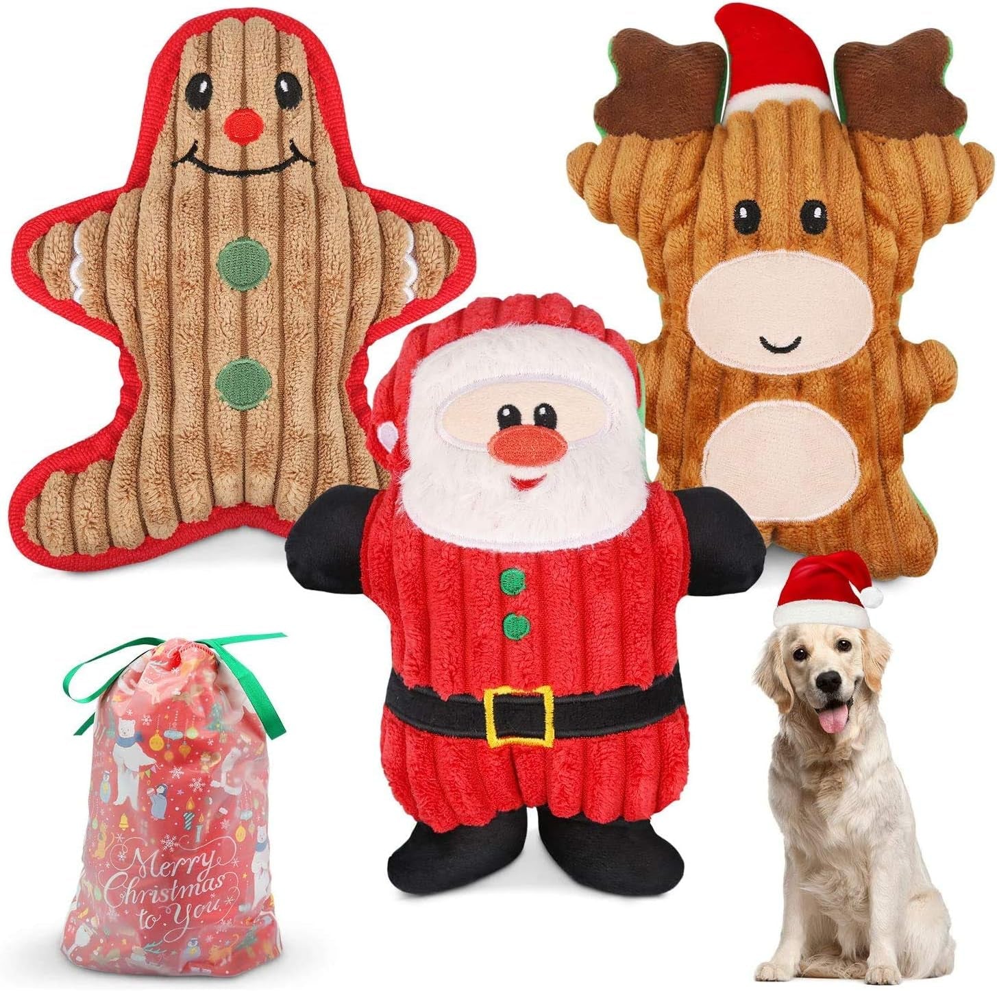 Christmas Plush Interactive Dog Squeaky Toys Xmas Gift for Small Medium Large Pet Included Ginger Man Reindeer Santa Claus, 3 Pcs Set