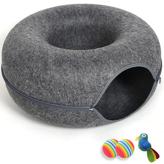 Large Cat Cave with 3 Toys Scratch Resistant Tunnel Bed up to 30 Lbs Light Grey(24X24X11)