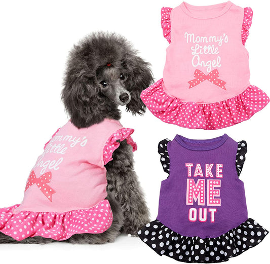 2 Pieces Dog Dresses for Small Dogs Cute Girl Female Dog Dress Mommy Puppy Shirt Skirt Doggie Dresses Pet Summer Clothes Apparel for Dogs and Cats (Me and Angel,X-Small)